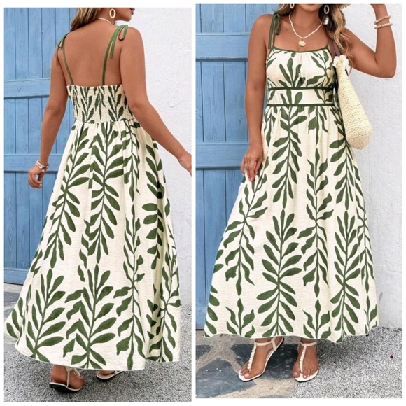 New Chic Leaf Print Tie Strap Flared Long Cami Dress PLUS Green Off White - Picture 1 of 8